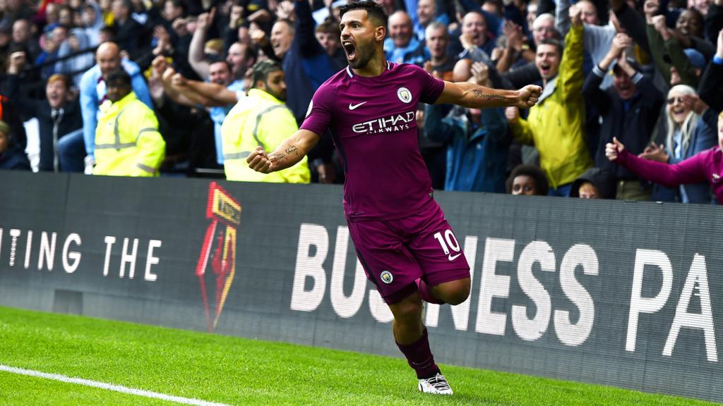 Sergio Aguero celebrates his hat-trick