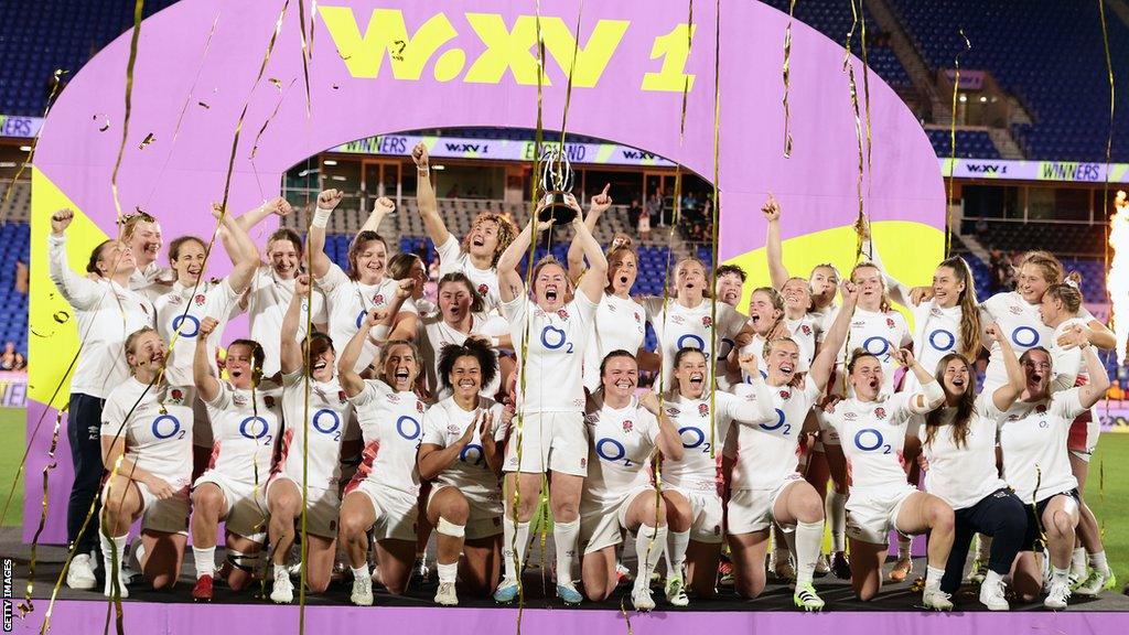 England lift the WXV1 trophy