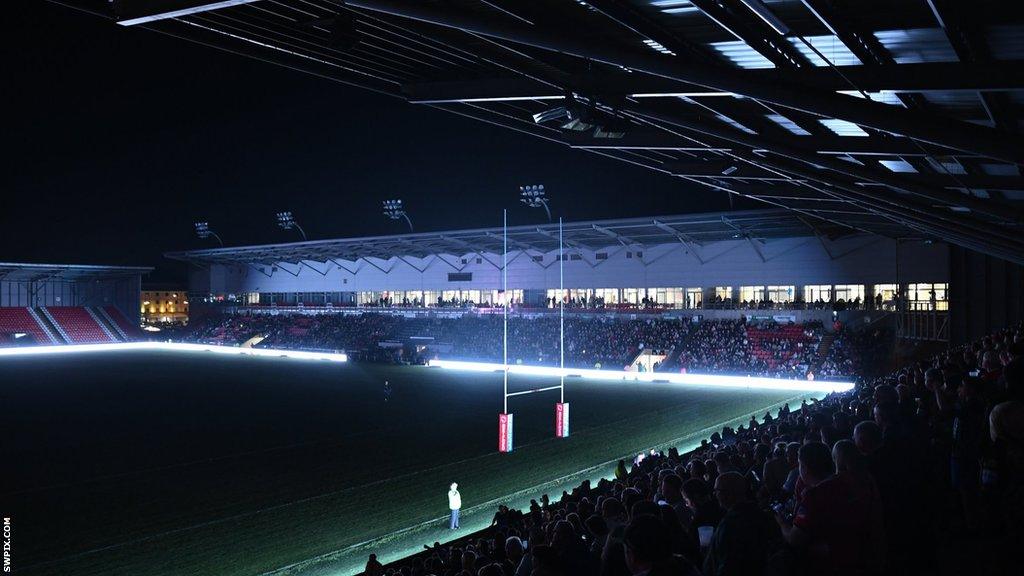 Leigh Sports Village is pitched into darkness after floodlight failure at the venue during Leigh v Huddersfield