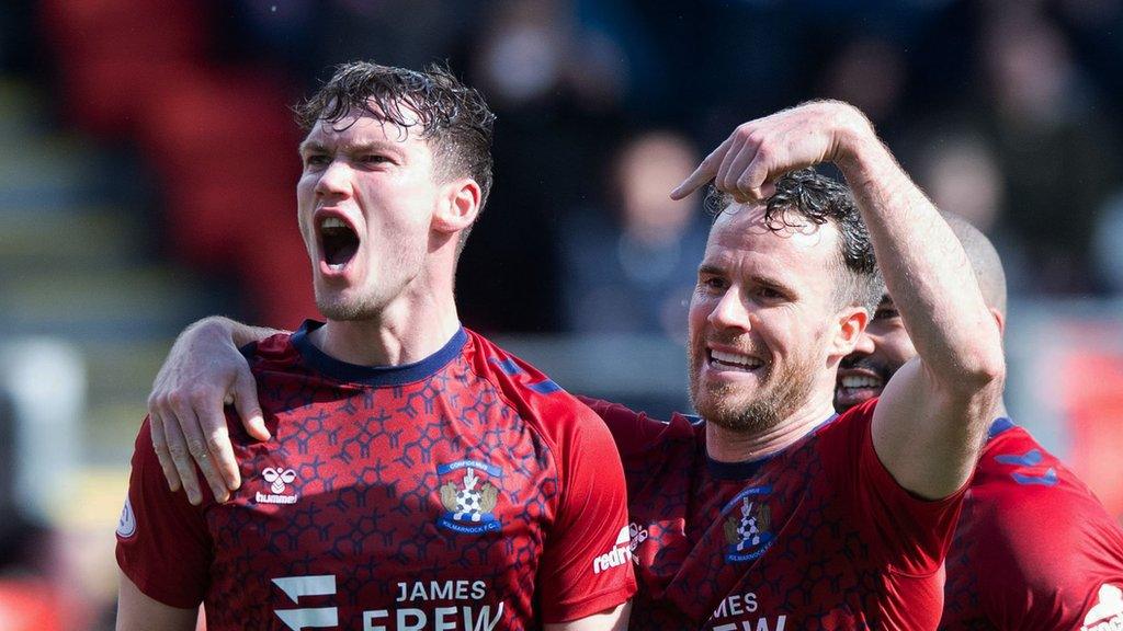 Kilmarnock's Joe Wright scores to make it 1-0 during a cinch Premiership match between St Johnstone and Kilmarnock at McDiarmid Park, on April 13, 2024, in Perth, Scotland.