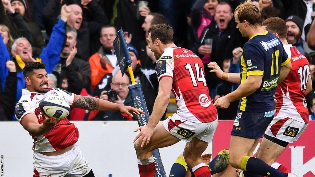 Piutau celebrates scoring a try against Clermont in 2016, which he said was a highlight of his time with Ulster