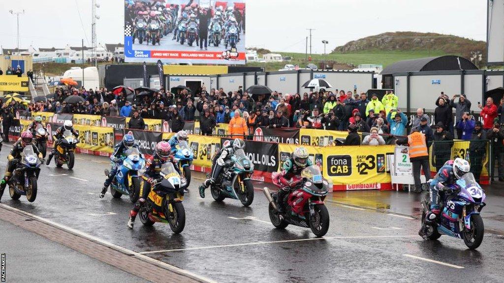 Action from the start of the first Supersport race at the 2022 North West 200