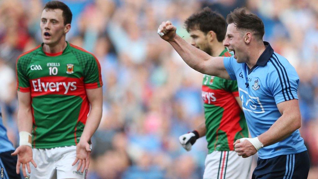 Philly McMahon celebrates netting Dublin's second goal in the 2015 All-Ireland semi-final win over Mayo