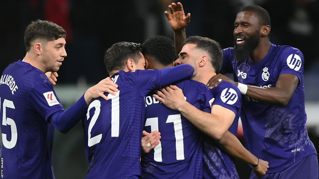 Real Madrid's players celebrate scoring against Athletic Bilbao in La Liga