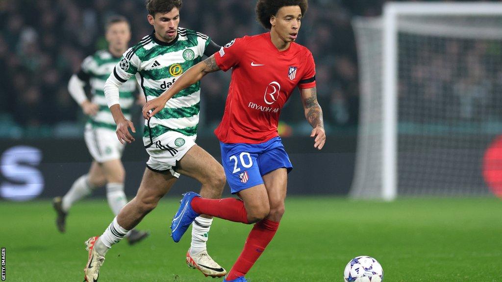 Matt O'Riley playing for Celtic against Atletico Madrid