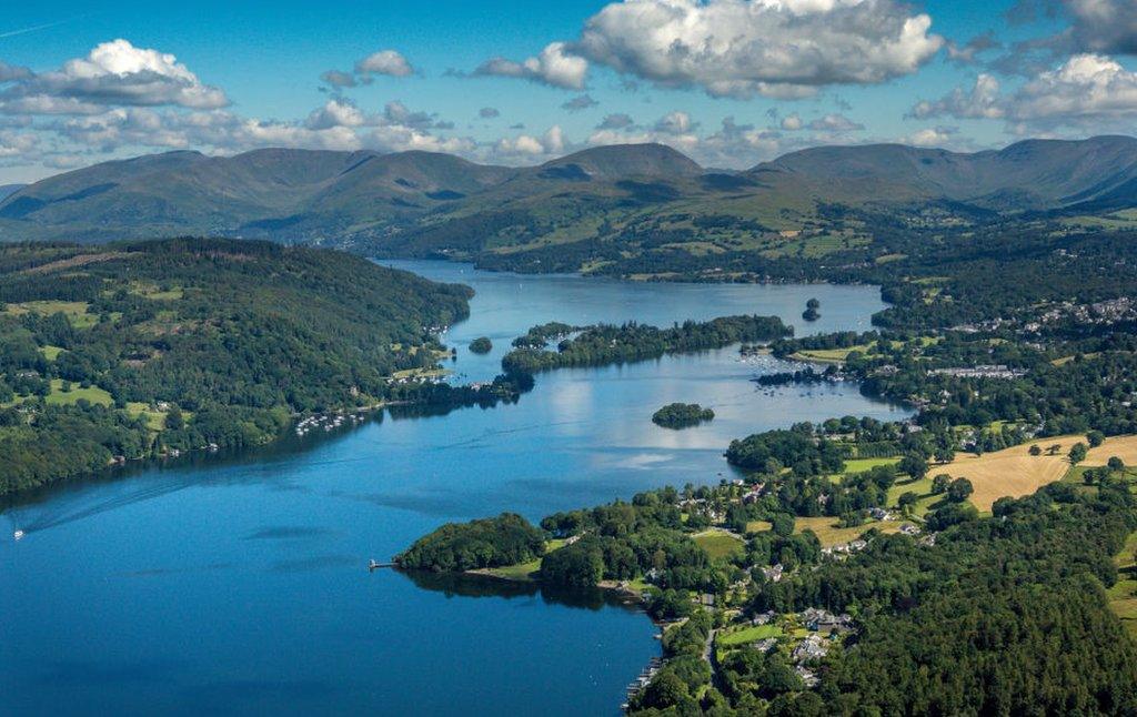 Aerial of lakes and mountains