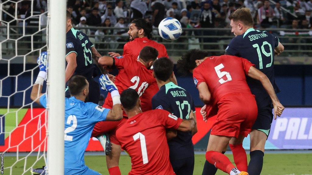 Harry Souttar scores for Australia against Palestine in a World Cup qualifier