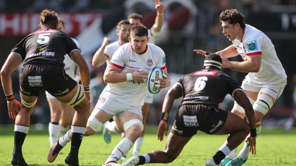 Nick Timoney on charge for Ulster against Sharks during Saturday's URC encounter