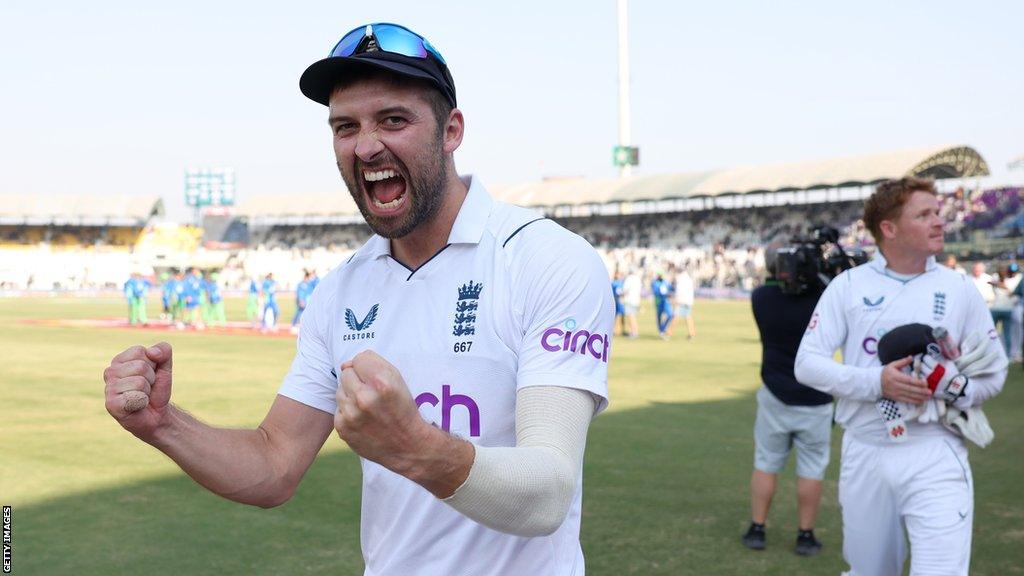 England fast bowler Mark Wood roars in celebration