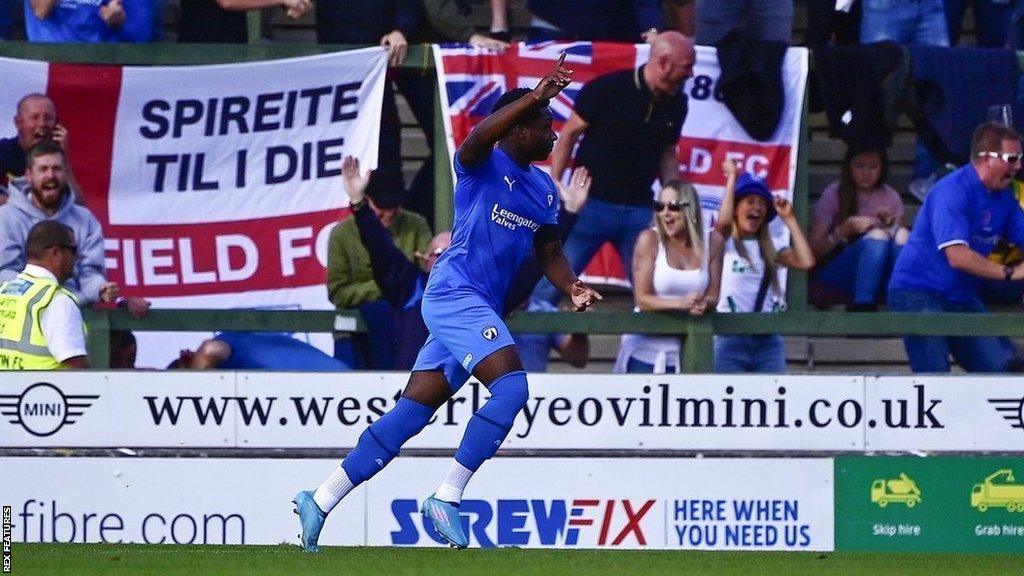 Jesurun Uchegbulam celebrates scoring for Chesterfield at Yeovil in the National League