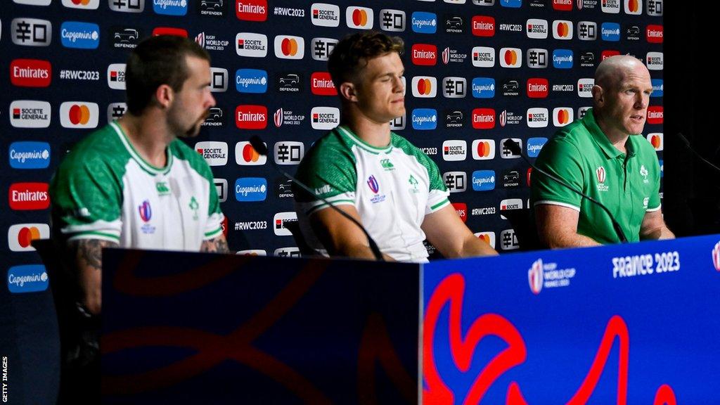 Mack Hansen, Josh van der Flier and Paul O'Connell speak to the media at the Stade de France on Friday