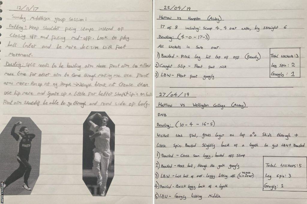 Two pages from Jafer Chohan's handwritten notebook on leg-spin