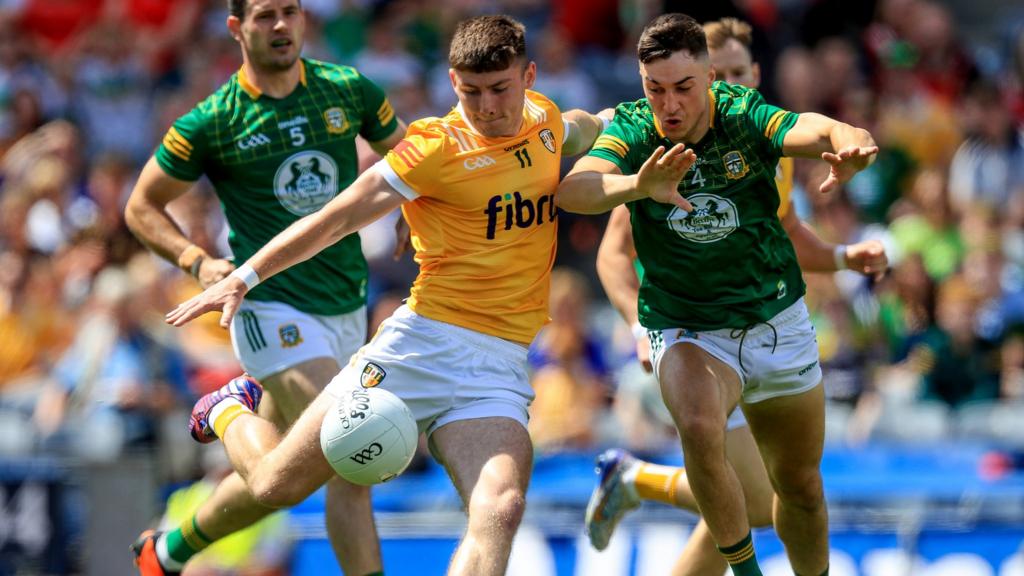 Action from Meath against Antrim in the Tailteann Cup semi-final.