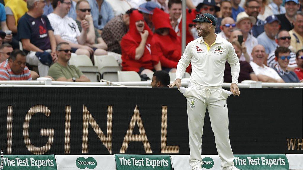 David Warner showing the Edgbaston crowd his empty pockets