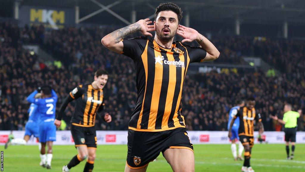 Ozan Tufan of Hull City celebrates the opening goal against Birmingham City