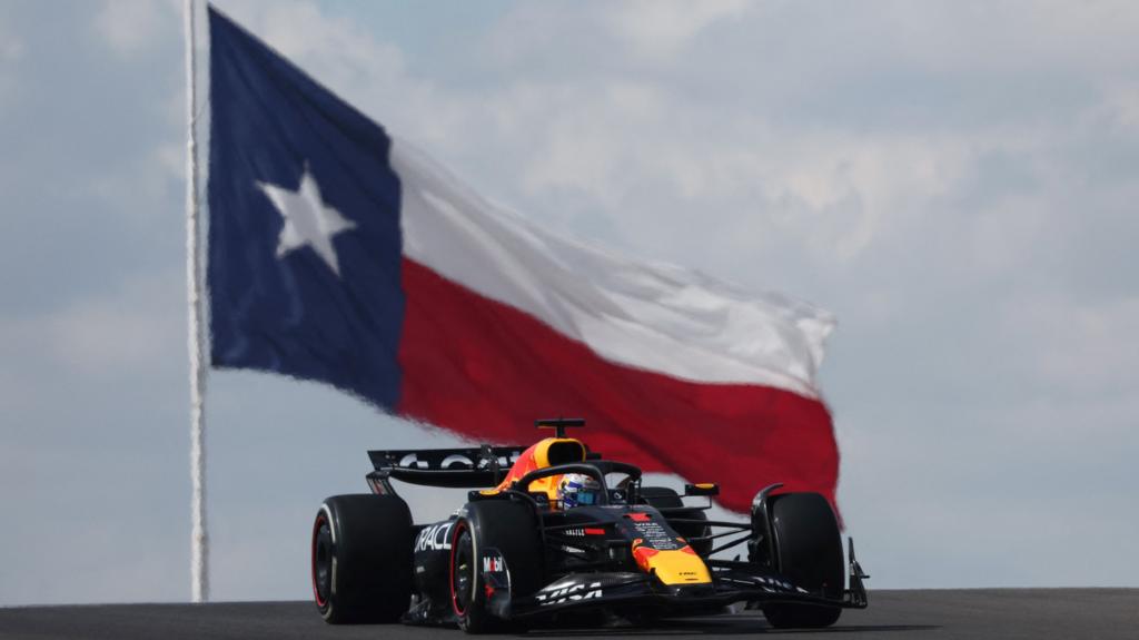 Red Bull's Max Verstappen during US Grand Prix practice with the Texas flag flying in the background