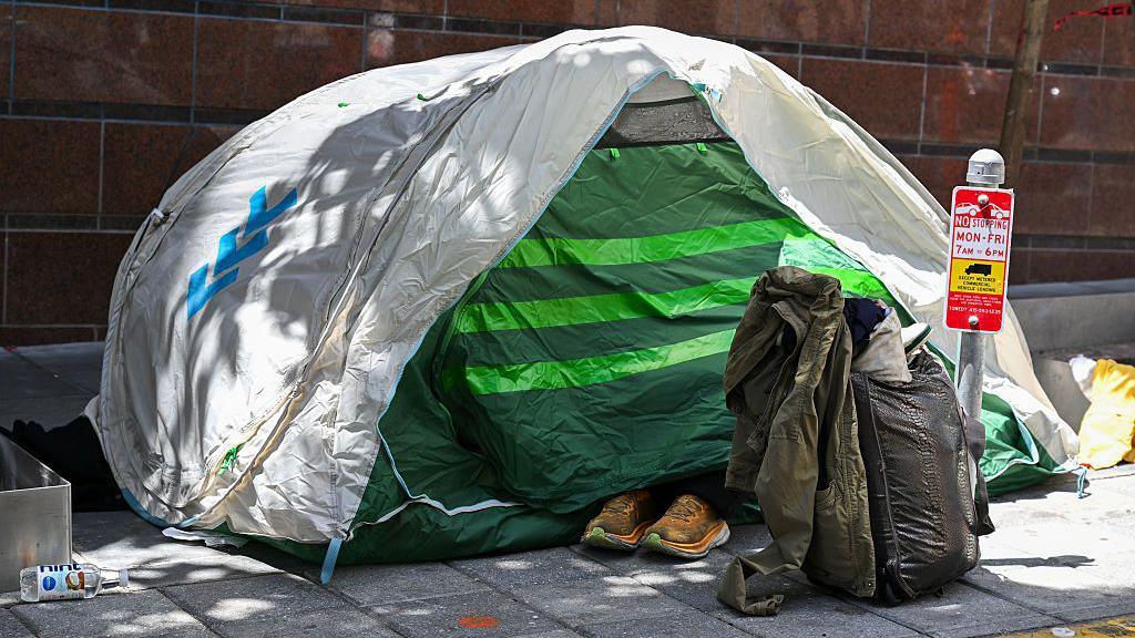 A homeless encampment is seen on a sidewalk in San Francisco, California, United States on May 14, 2025.