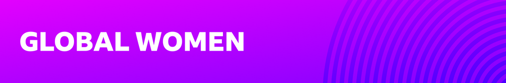 Graphic with Global Women written in white on a purple background, with blueish-purple arcs taken from concentrically arranged circles on the right.