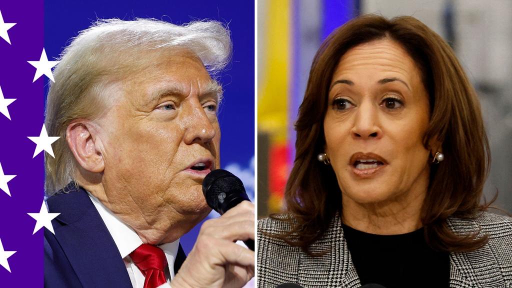 A split image of Donald Trump and Kamala Harris, with election branding of a purple stripe and white stars down the left-hand side