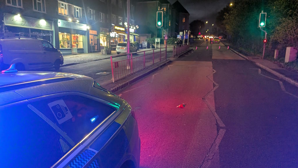 A police car is on the road on the left of the picture. The road has traffic lights in the middle and a line of cones to stop traffic. On the left are rows of shops. The scene is illuminated by a blue police light.