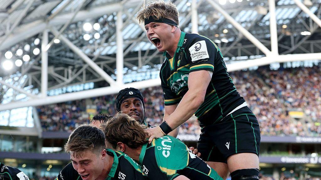Henry Pollock celebrates with Northampton after beating Leinster