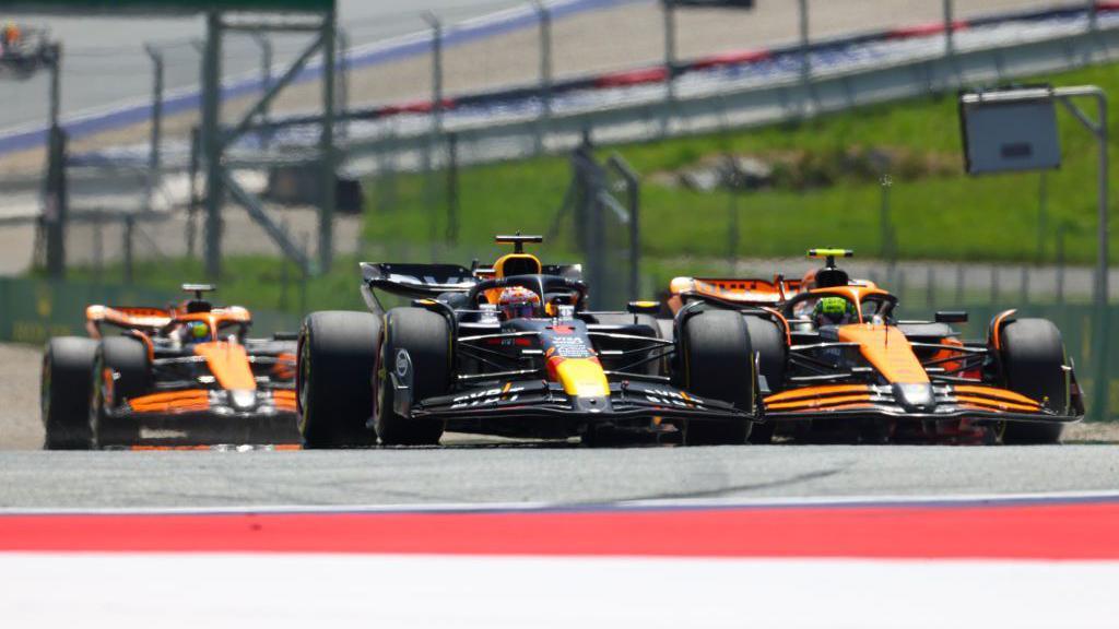 Max Verstappen, Lando Norris and Oscar Piastri on track during the Austria sprint race 