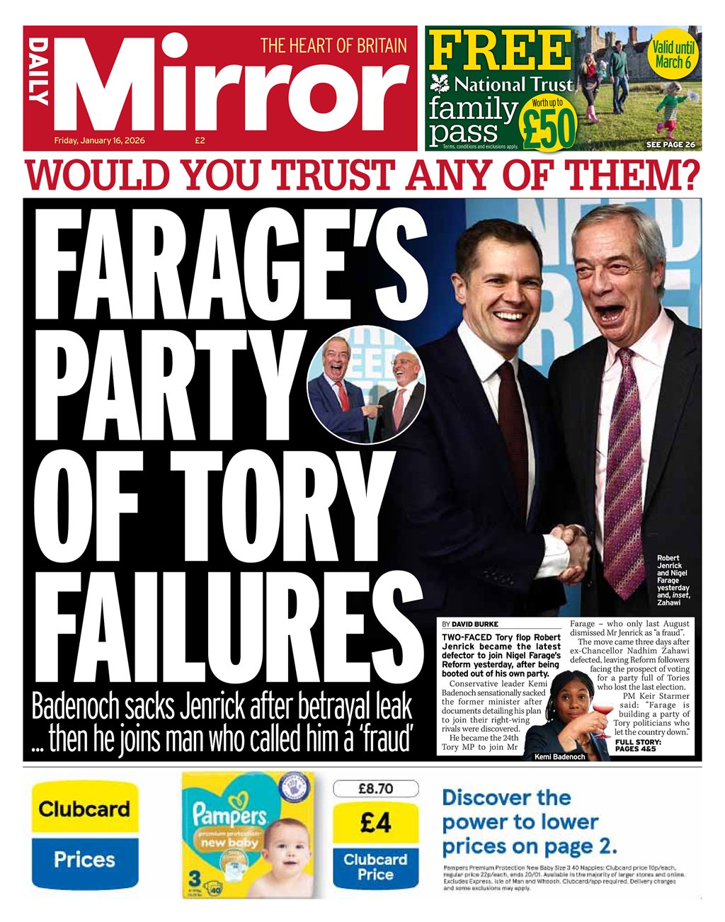 Titulli në faqen e parë të Daily Mirror thotë: "Partia e Dështimeve të Konservatorëve e Farage-it".