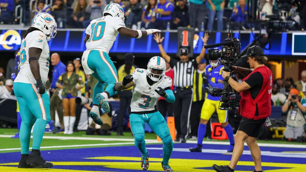 Tyreek Hill celebrating a touchdown with team-mate Odell Beckham JR