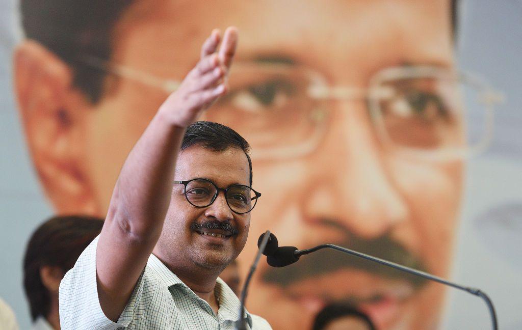 NEW DELHI, INDIA - MAY 1: Delhi Chief Minister Arvind Kejriwal addresses labourers and employees during the Delhi Shramik Sammelan on the occasion of International Labour day on May 1, 2018 in New Delhi, India. (Photo by Raj K Raj/Hindustan Times via Getty Images)