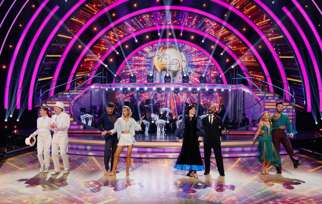 Strictly come dancing finalists Chris McCausland, Tasha Ghouri, JB Gills and Sarah Hadland stood with dance partners in a row