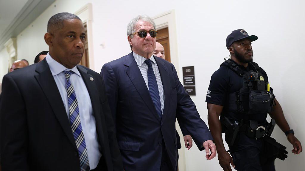 Former CEO of Apollo Global Management Leon Black (C) arrives to testify at a closed-door interview with the House Oversight Committee on Capitol Hill on June 26, 2026 in Washington, DC. 