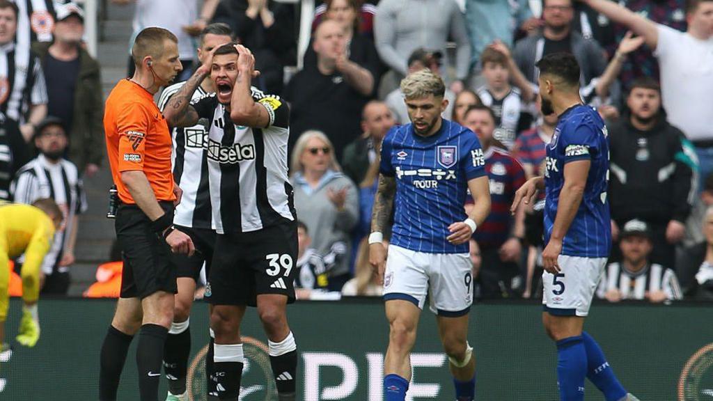 Bruno Guimaraes of Newcastle United appeals following his disallowed goal