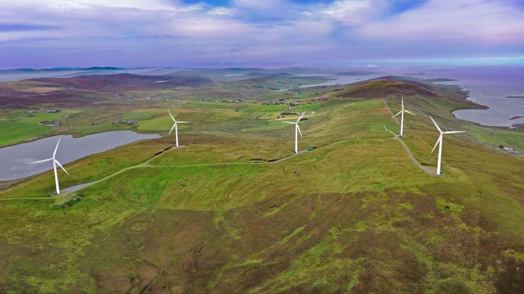 An overhead view of the wind turbines of the Burradale wind farm, outside Lerwick in the Shetland Islands, north of the Scottish Mainland