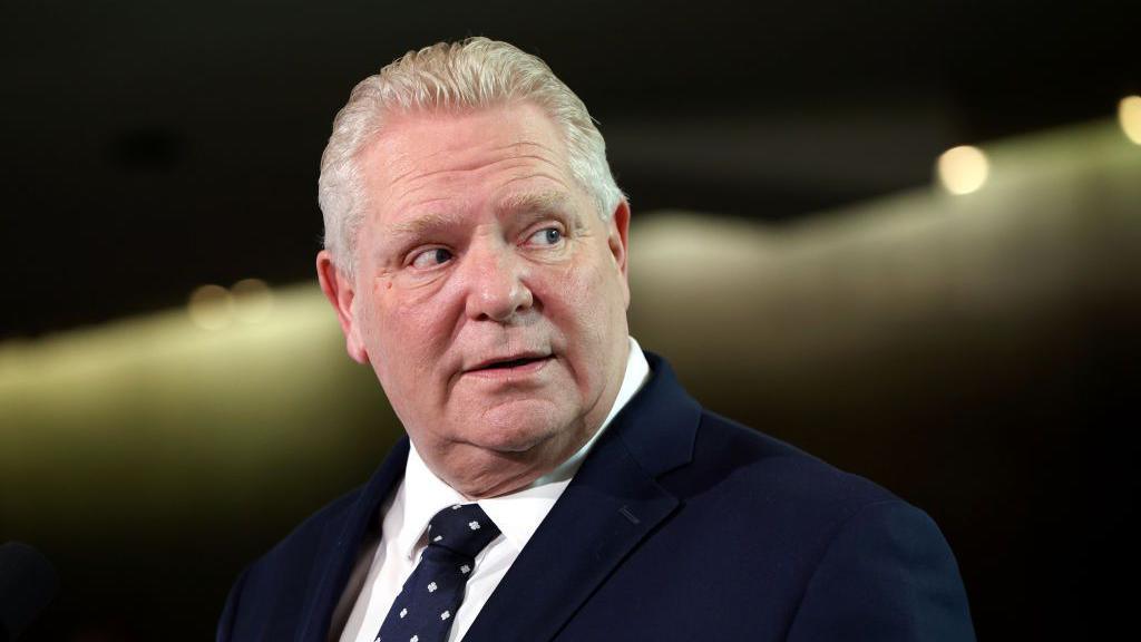 Doug Ford, Ontario's premier, speaks to members of the media at the First Minister's Meeting at the Canadian War Museum in Ottawa, Ontario, Canada, on Friday, March 21, 2025. 