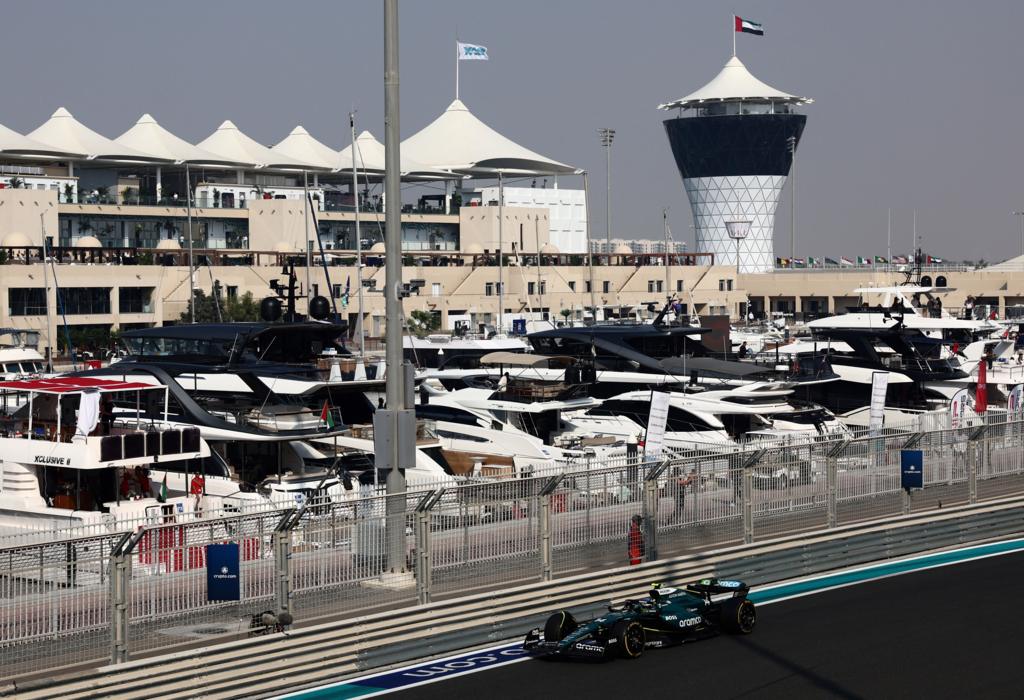 Fernando Alonso driving his Aston Martin in Abu Dhabi Grand Prix first practice