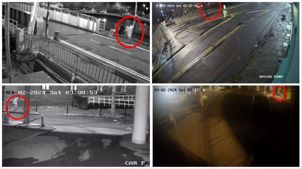 CCTV still images of what police believe to be Mr O'Sullivan walking in the Brunel Way area of Bristol. 