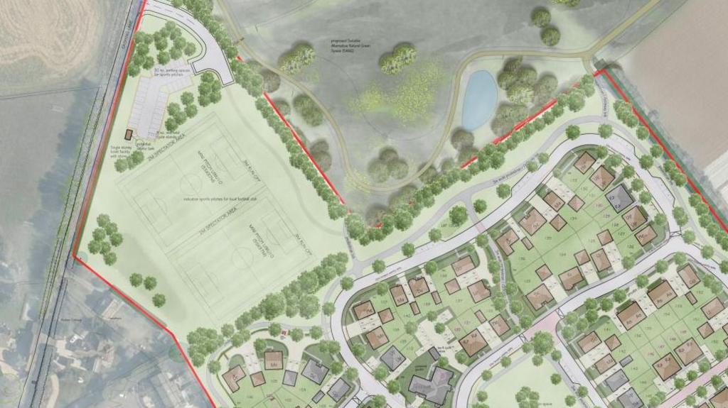 An aerial site map of the 200-home development superimposed onto existing land