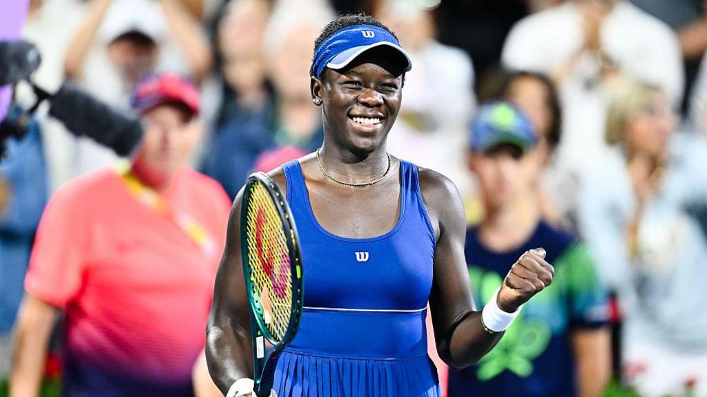 Victoria Mboko of Canada celebrates her victory against Jessica Bouzas Maneiro