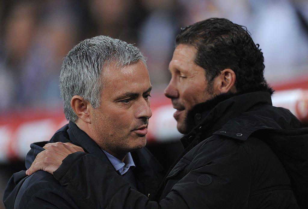 Jose Mourinho and Diego Simeone embrace before the Uefa Champions League match between Real Madrid and Atletico Madrid.