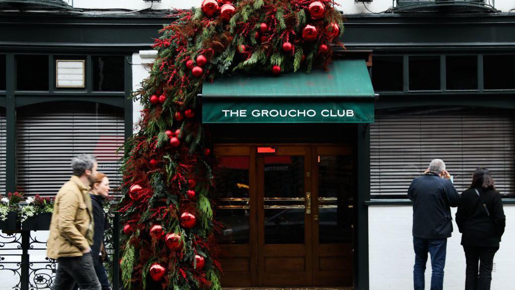 The Groucho Club entrance dressed with festive baubles