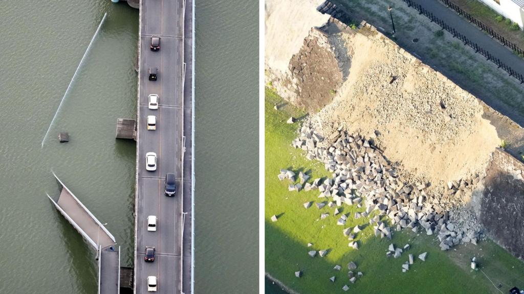 Composite image showing damaged bridge and damaged castle after earthquake