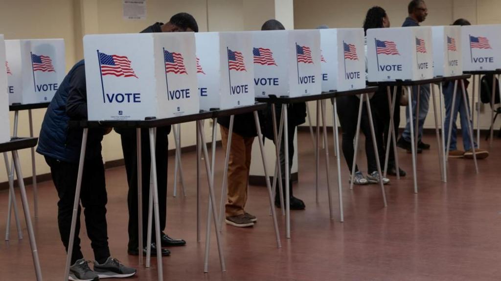 People cast their ballots at early voting stations. There are American flags seen on the white screens.