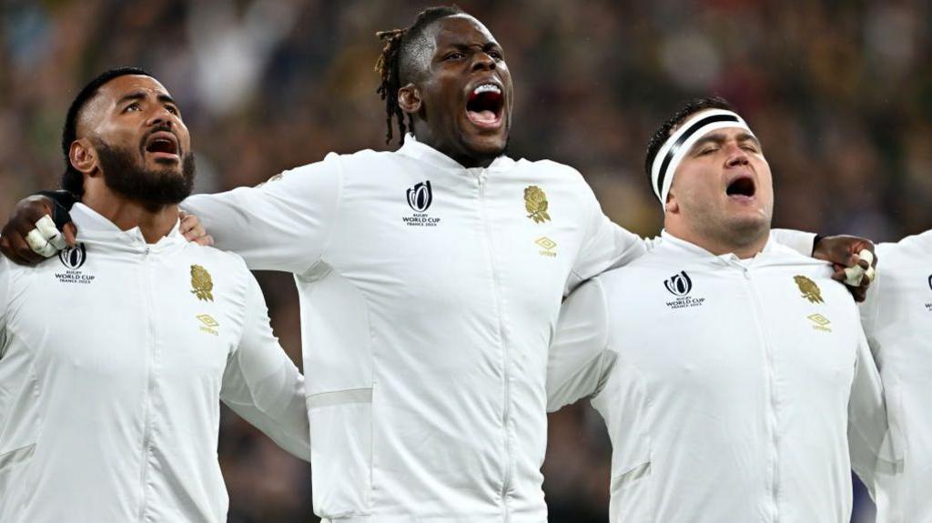 Manu Tuilagi [left], Maro Itoje [centre] and Jamie George [right] sing the English national anthem