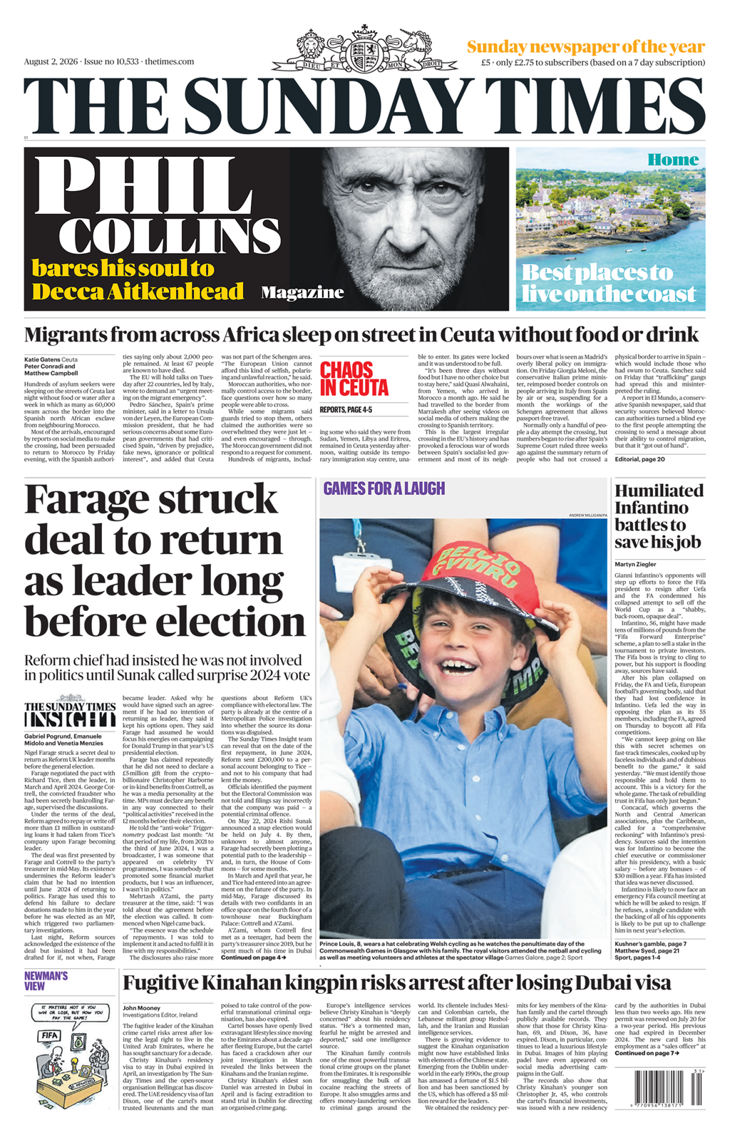 The headline on the front page of the Sunday Times reads: "Farage struck deal to return as leader long before election."