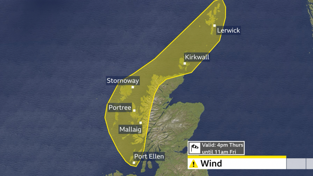 map of Scotland with a yellow area across northern and western areas indicating a Met Office weather warning for wind.  Valid from 16:00 GMT Thursday to 11:00 GMT Friday