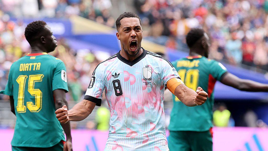 Youri Tielemans celebrates scoring for Belgium against Senegal