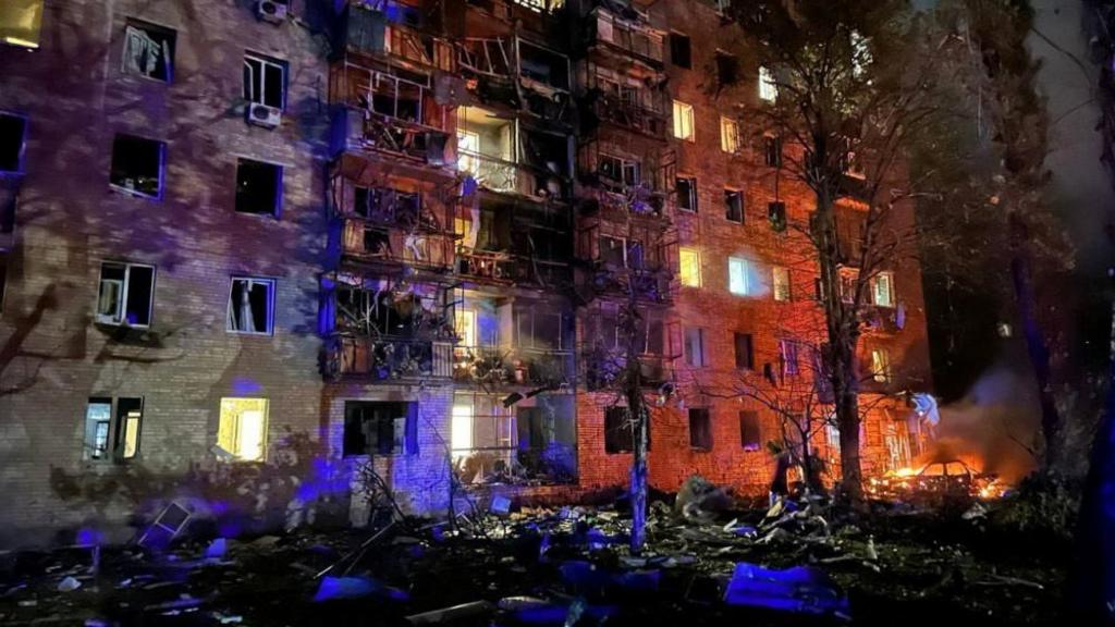 A view shows an apartment building that was damaged, according to local authorities, by debris from a downed Ukraine-launched missile, in Kursk, Russia