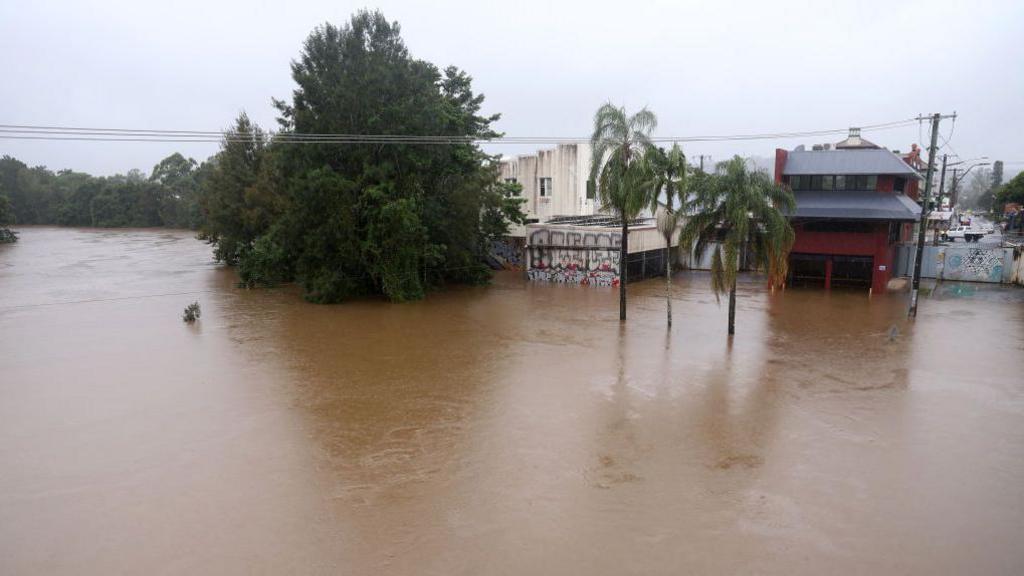 Brown floodwater swamps a main road in Lismore, with the water reaching metres high up buildings and trees