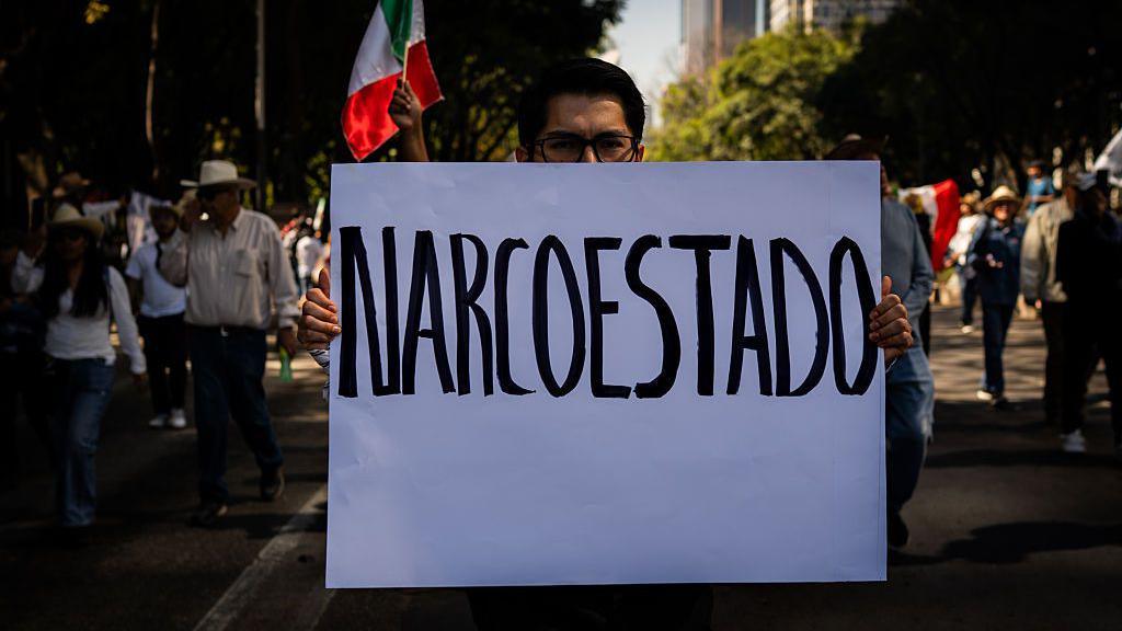 A young male protester holds up a sign reading 'Narcoestado' during an anti-cartel protest in Mexico City, Mexico