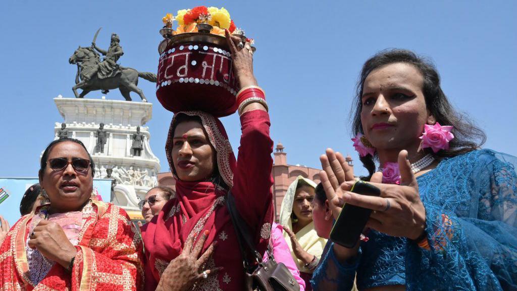 Members of the transgender community take part in an event to encourage people to vote in India's general elections, in Amritsar on April 16, 2024. (Photo by Narinder NANU / AFP) (Photo by NARINDER NANU/AFP via Getty Images)